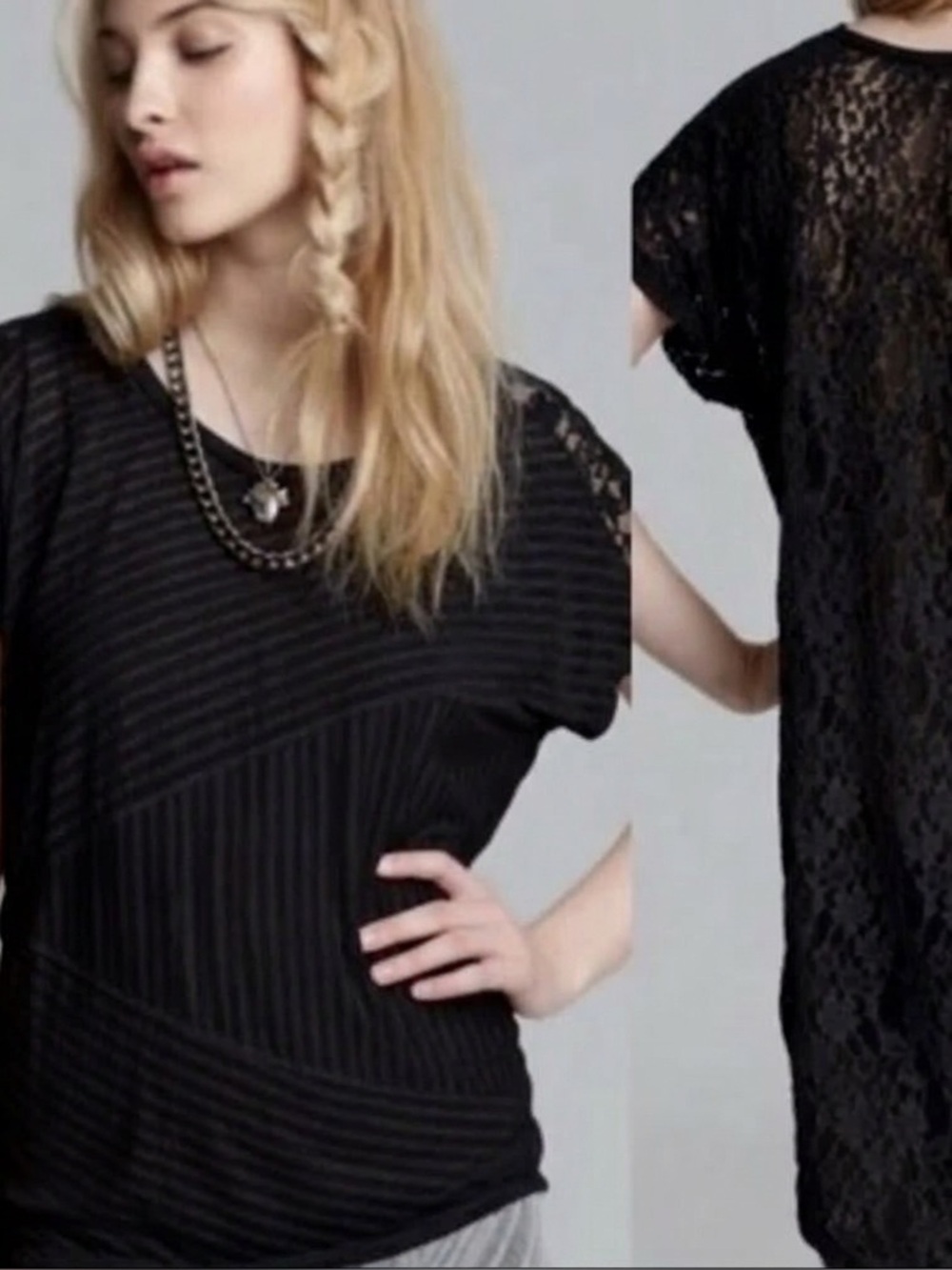 Free People Daydream Striped Lace Black High Low Tunic With Lace Back Boho EUC